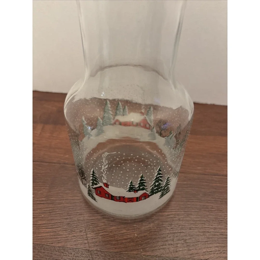 Vintage Christmas Sleigh Ride Glass Carafe Jug Juice Eggnog Decanter 9